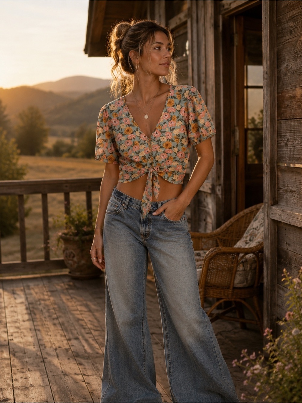 Ava Rose Floral Tie Front Crop Top Boho Cottagecore Puff Sleeve